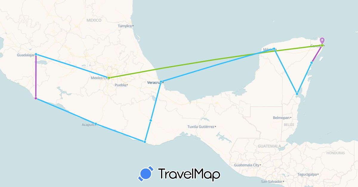 TravelMap itinerary: driving, train, boat, electric vehicle in Mexico (North America)
