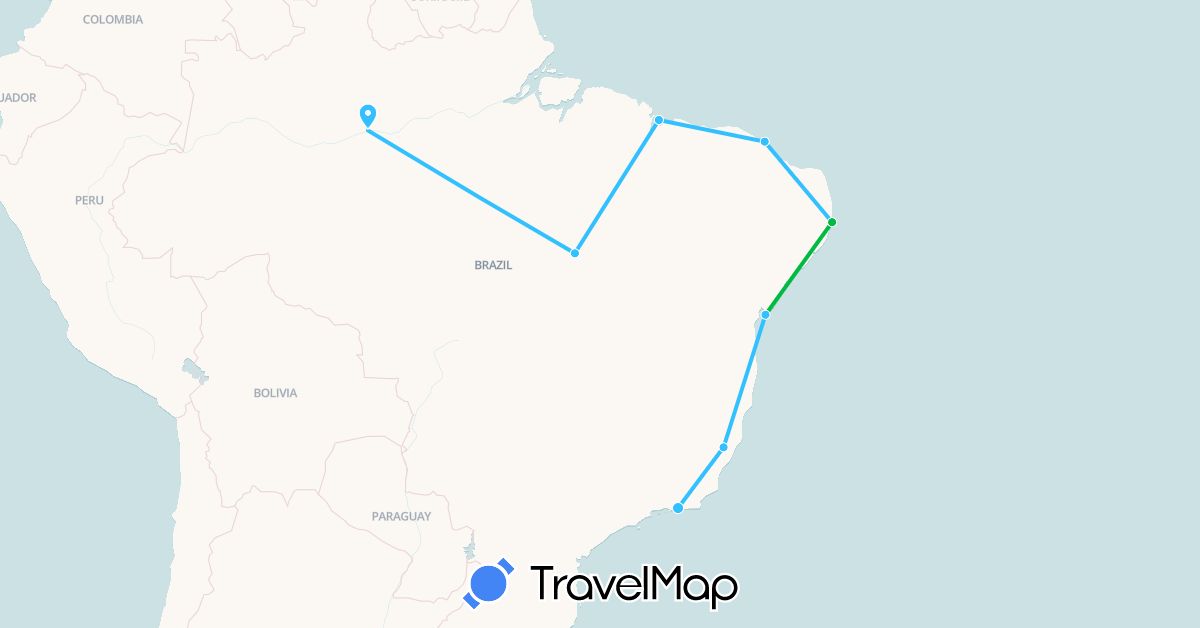 TravelMap itinerary: bus, hiking, boat in Brazil (South America)